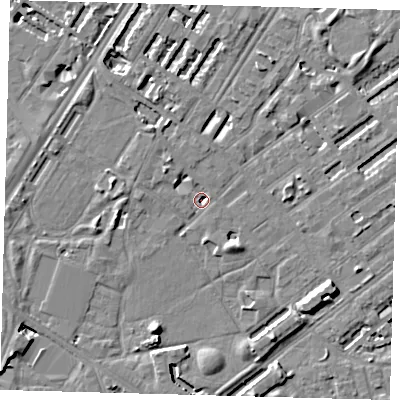 Shaded relief map of the ground around SE173FW, computed from Environment Agency LiDAR. The ground here sits at about 2 m above sea level and falls 8 m across the surrounding 800 m. Surface water reaching this point runs off ground lying to the south-south-west, 7.7 m higher.