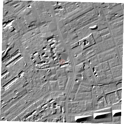 Shaded relief map of the ground around SE173HD, computed from Environment Agency LiDAR. The ground here sits at about 3 m above sea level and falls 9 m across the surrounding 800 m. Surface water reaching this point runs off ground lying to the west, 2.0 m higher.
