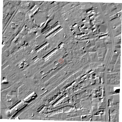 Shaded relief map of the ground around SE173HT, computed from Environment Agency LiDAR. The ground here sits at about 4 m above sea level and falls 8 m across the surrounding 800 m. The ground contributing surface water to this point lies to the north-north-east.