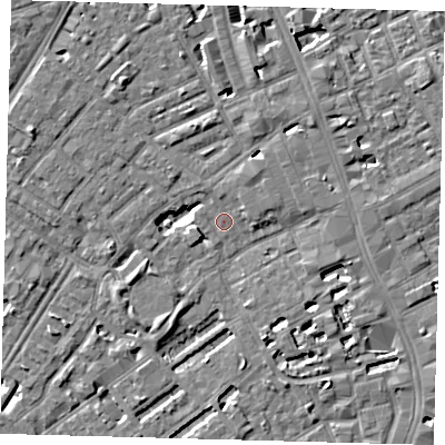Shaded relief map of the ground around SE173JB, computed from Environment Agency LiDAR. The ground here sits at about 3 m above sea level and falls 5 m across the surrounding 800 m. Surface water reaching this point runs off ground lying to the south-west, 3.2 m higher.