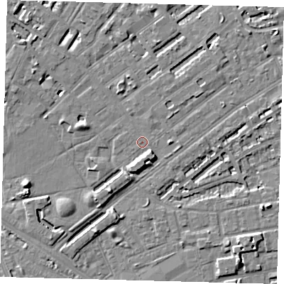 Shaded relief map of the ground around SE173JD, computed from Environment Agency LiDAR. The ground here sits at about 3 m above sea level and falls 8 m across the surrounding 800 m. Surface water reaching this point runs off ground lying to the east, 1.9 m higher.