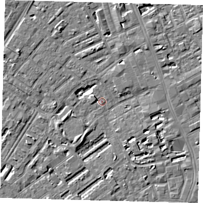 Shaded relief map of the ground around SE173JF, computed from Environment Agency LiDAR. The ground here sits at about 3 m above sea level and falls 5 m across the surrounding 800 m. Surface water reaching this point runs off ground lying to the south-west, 3.2 m higher.