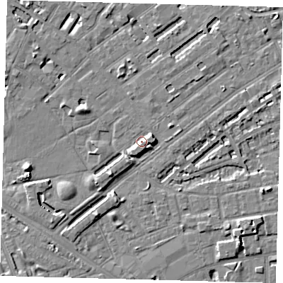 Shaded relief map of the ground around SE173JH, computed from Environment Agency LiDAR. The ground here sits at about 5 m above sea level and falls 8 m across the surrounding 800 m. Surface water reaching this point runs off ground lying to the west-south-west, 7.7 m higher.
