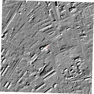 Shaded relief map of the ground around SE173JN, computed from Environment Agency LiDAR. The ground here sits at about 2 m above sea level and falls 5 m across the surrounding 800 m. Surface water reaching this point runs off ground lying to the south-south-west, 4.6 m higher.