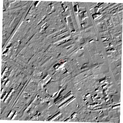 Shaded relief map of the ground around SE173JP, computed from Environment Agency LiDAR. The ground here sits at about 3 m above sea level and falls 5 m across the surrounding 800 m. Surface water reaching this point runs off ground lying to the south-south-west, 4.6 m higher.