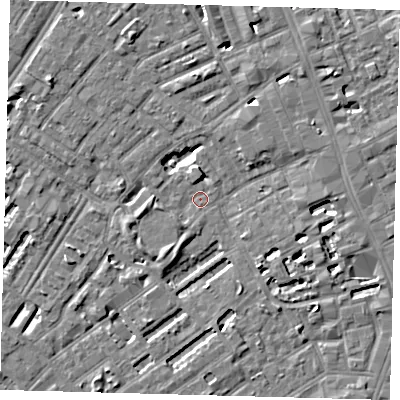 Shaded relief map of the ground around SE173JY, computed from Environment Agency LiDAR. The ground here sits at about 2 m above sea level and falls 5 m across the surrounding 800 m. Surface water reaching this point runs off ground lying to the south-west, 2.6 m higher.