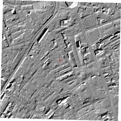 Shaded relief map of the ground around SE173LF, computed from Environment Agency LiDAR. The ground here sits at about 3 m above sea level and falls 6 m across the surrounding 800 m. Surface water reaching this point runs off ground lying to the north-north-west, 2.9 m higher.