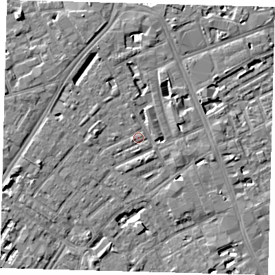 Shaded relief map of the ground around SE173LL, computed from Environment Agency LiDAR. The ground here sits at about 3 m above sea level and falls 6 m across the surrounding 800 m. Surface water reaching this point runs off ground lying to the west, 4.2 m higher.
