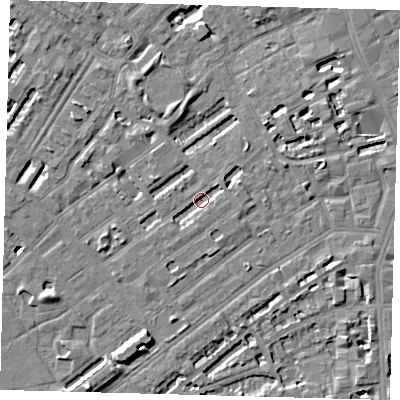 Shaded relief map of the ground around SE173LZ, computed from Environment Agency LiDAR. The ground here sits at about 2 m above sea level and falls 7 m across the surrounding 800 m. Surface water reaching this point runs off ground lying to the south, 1.9 m higher.