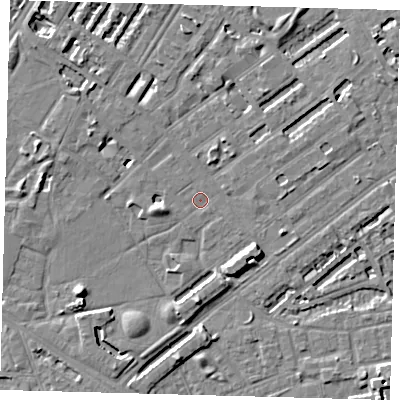 Shaded relief map of the ground around SE173NH, computed from Environment Agency LiDAR. The ground here sits at about 3 m above sea level and falls 8 m across the surrounding 800 m. Surface water reaching this point runs off ground lying to the south-west, 5.1 m higher.