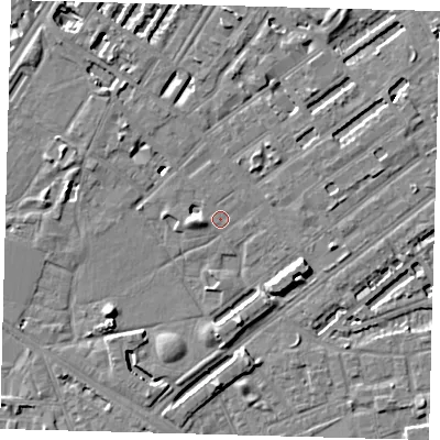 Shaded relief map of the ground around SE173NN, computed from Environment Agency LiDAR. The ground here sits at about 3 m above sea level and falls 8 m across the surrounding 800 m. Surface water reaching this point runs off ground lying to the south-west, 5.1 m higher.