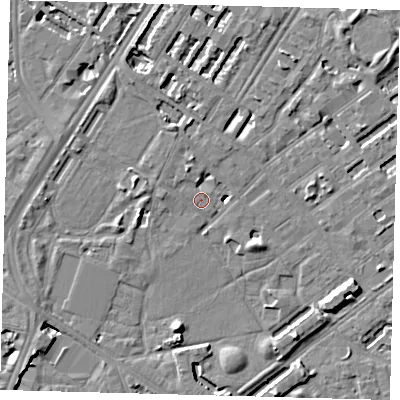 Shaded relief map of the ground around SE173NP, computed from Environment Agency LiDAR. The ground here sits at about 3 m above sea level and falls 8 m across the surrounding 800 m. Surface water reaching this point runs off ground lying to the south, 7.7 m higher.