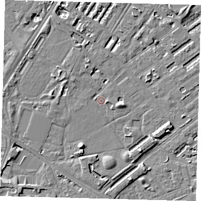Shaded relief map of the ground around SE173PF, computed from Environment Agency LiDAR. The ground here sits at about 3 m above sea level and falls 8 m across the surrounding 800 m. Surface water reaching this point runs off ground lying to the south-south-west, 6.3 m higher.