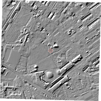 Shaded relief map of the ground around SE173PG, computed from Environment Agency LiDAR. The ground here sits at about 3 m above sea level and falls 8 m across the surrounding 800 m. Surface water reaching this point runs off ground lying to the south-west, 6.3 m higher.