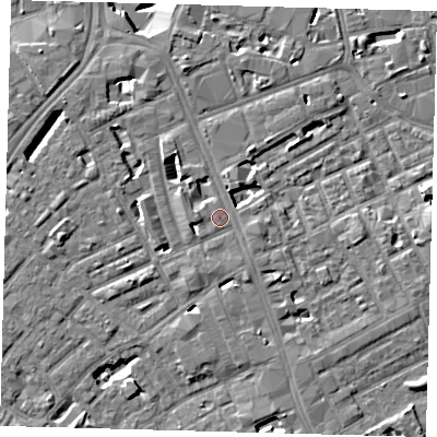 Shaded relief map of the ground around SE173PY, computed from Environment Agency LiDAR. The ground here sits at about 4 m above sea level and falls 11 m across the surrounding 800 m. Surface water reaching this point runs off ground lying to the west, 0.9 m higher.