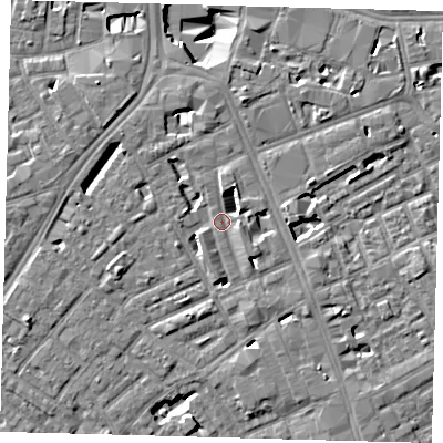 Shaded relief map of the ground around SE173PZ, computed from Environment Agency LiDAR. The ground here sits at about 3 m above sea level and falls 9 m across the surrounding 800 m. Surface water reaching this point runs off ground lying to the east-north-east, 4.0 m higher.