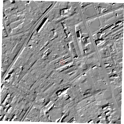 Shaded relief map of the ground around SE173QA, computed from Environment Agency LiDAR. The ground here sits at about 3 m above sea level and falls 6 m across the surrounding 800 m. Surface water reaching this point runs off ground lying to the west-north-west, 4.2 m higher.