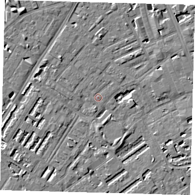 Shaded relief map of the ground around SE173QG, computed from Environment Agency LiDAR. The ground here sits at about 3 m above sea level and falls 7 m across the surrounding 800 m. Surface water reaching this point runs off ground lying to the north-west, 4.8 m higher.