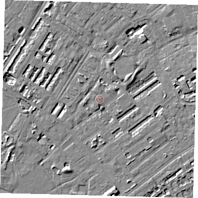Shaded relief map of the ground around SE173QH, computed from Environment Agency LiDAR. The ground here sits at about 3 m above sea level and falls 7 m across the surrounding 800 m. Surface water reaching this point runs off ground lying to the west-south-west, 2.4 m higher.