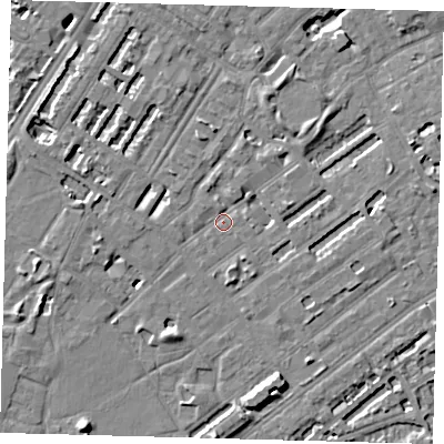 Shaded relief map of the ground around SE173QR, computed from Environment Agency LiDAR. The ground here sits at about 3 m above sea level and falls 8 m across the surrounding 800 m. Surface water reaching this point runs off ground lying to the west, 1.1 m higher.