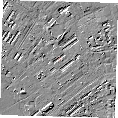 Shaded relief map of the ground around SE173QT, computed from Environment Agency LiDAR. The ground here sits at about 2 m above sea level and falls 7 m across the surrounding 800 m. Surface water reaching this point runs off ground lying to the south-south-east, 1.7 m higher.