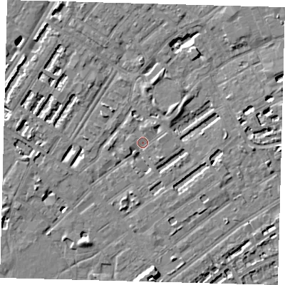 Shaded relief map of the ground around SE173QU, computed from Environment Agency LiDAR. The ground here sits at about 3 m above sea level and falls 7 m across the surrounding 800 m. Surface water reaching this point runs off ground lying to the west, 2.4 m higher.