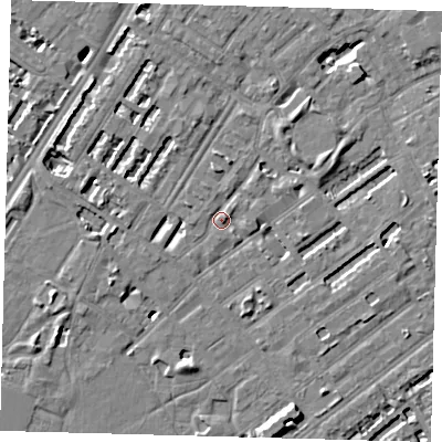 Shaded relief map of the ground around SE173QY, computed from Environment Agency LiDAR. The ground here sits at about 3 m above sea level and falls 7 m across the surrounding 800 m. Surface water reaching this point runs off ground lying to the west, 1.0 m higher.