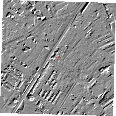 Shaded relief map of the ground around SE173RT, computed from Environment Agency LiDAR. The ground here sits at about 3 m above sea level and falls 7 m across the surrounding 800 m. Surface water reaching this point runs off ground lying to the north-east, 3.2 m higher.
