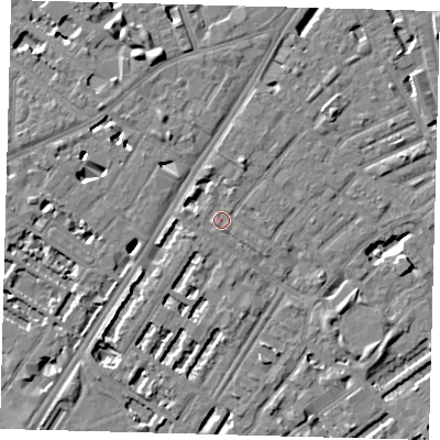 Shaded relief map of the ground around SE173RU, computed from Environment Agency LiDAR. The ground here sits at about 3 m above sea level and falls 7 m across the surrounding 800 m. Surface water reaching this point runs off ground lying to the north-north-east, 3.4 m higher.