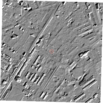 Shaded relief map of the ground around SE173RX, computed from Environment Agency LiDAR. The ground here sits at about 3 m above sea level and falls 7 m across the surrounding 800 m. Surface water reaching this point runs off ground lying to the north, 3.4 m higher.