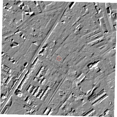 Shaded relief map of the ground around SE173RY, computed from Environment Agency LiDAR. The ground here sits at about 3 m above sea level and falls 7 m across the surrounding 800 m. Surface water reaching this point runs off ground lying to the north-north-west, 3.4 m higher.