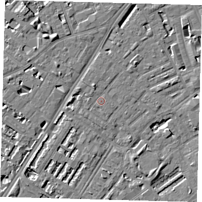 Shaded relief map of the ground around SE173SB, computed from Environment Agency LiDAR. The ground here sits at about 3 m above sea level and falls 7 m across the surrounding 800 m. Surface water reaching this point runs off ground lying to the north-north-west, 1.8 m higher.