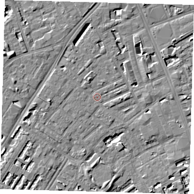 Shaded relief map of the ground around SE173SH, computed from Environment Agency LiDAR. The ground here sits at about 3 m above sea level and falls 7 m across the surrounding 800 m. Surface water reaching this point runs off ground lying to the west-north-west, 6.4 m higher.