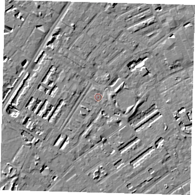Shaded relief map of the ground around SE173SU, computed from Environment Agency LiDAR. The ground here sits at about 3 m above sea level and falls 6 m across the surrounding 800 m. Surface water reaching this point runs off ground lying to the east-south-east, 3.0 m higher.