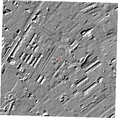 Shaded relief map of the ground around SE173SY, computed from Environment Agency LiDAR. The ground here sits at about 3 m above sea level and falls 6 m across the surrounding 800 m. Surface water reaching this point runs off ground lying to the east, 3.0 m higher.