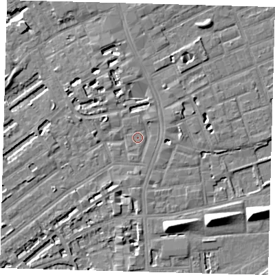 Shaded relief map of the ground around SE173UB, computed from Environment Agency LiDAR. The ground here sits at about 3 m above sea level and falls 9 m across the surrounding 800 m. Surface water reaching this point runs off ground lying to the north-north-east, 3.0 m higher.