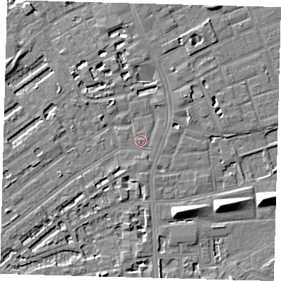 Shaded relief map of the ground around SE173UD, computed from Environment Agency LiDAR. The ground here sits at about 3 m above sea level and falls 9 m across the surrounding 800 m. Surface water reaching this point runs off ground lying to the north-north-east, 3.0 m higher.