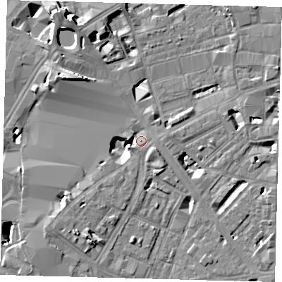 Shaded relief map of the ground around SE17AA, computed from Environment Agency LiDAR. The ground here sits at about 3 m above sea level and falls 13 m across the surrounding 800 m. Surface water reaching this point runs off ground lying to the south-west, 7.9 m higher.