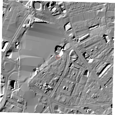 Shaded relief map of the ground around SE17AB, computed from Environment Agency LiDAR. The ground here sits at about 4 m above sea level and falls 12 m across the surrounding 800 m. Surface water reaching this point runs off ground lying to the south-west, 7.8 m higher.