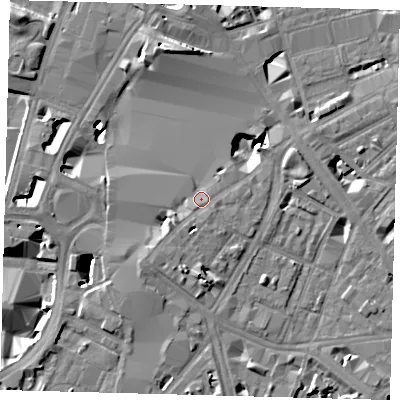 Shaded relief map of the ground around SE17AD, computed from Environment Agency LiDAR. The ground here sits at about 4 m above sea level and falls 12 m across the surrounding 800 m. Surface water reaching this point runs off ground lying to the south-west, 2.3 m higher.