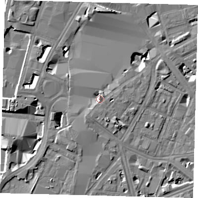 Shaded relief map of the ground around SE17AE, computed from Environment Agency LiDAR. The ground here sits at about 5 m above sea level and falls 12 m across the surrounding 800 m. Surface water reaching this point runs off ground lying to the north, 3.9 m higher.