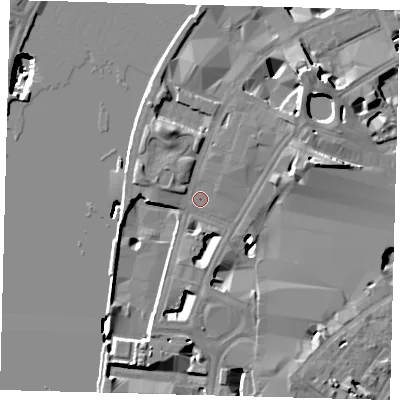 Shaded relief map of the ground around SE17AF, computed from Environment Agency LiDAR. The ground here sits at about 4 m above sea level and falls 20 m across the surrounding 800 m. Surface water reaching this point runs off ground lying to the north-north-west, 4.3 m higher.