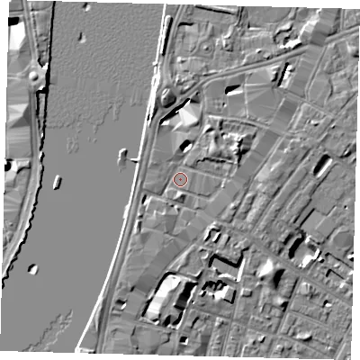 Shaded relief map of the ground around SE17AG, computed from Environment Agency LiDAR. The ground here sits at about 4 m above sea level and falls 7 m across the surrounding 800 m. Surface water reaching this point runs off ground lying to the south-west, 1.9 m higher.
