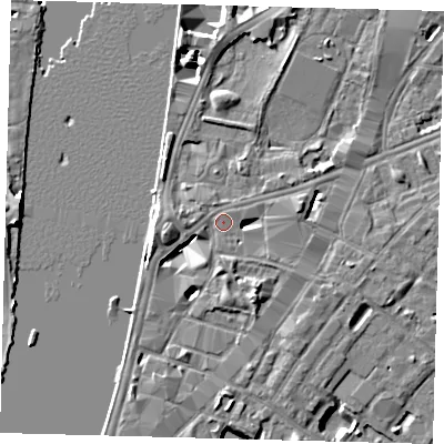 Shaded relief map of the ground around SE17AH, computed from Environment Agency LiDAR. The ground here sits at about 5 m above sea level and falls 8 m across the surrounding 800 m. Surface water reaching this point runs off ground lying to the west-south-west, 4.8 m higher.
