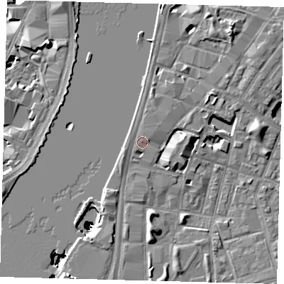 Shaded relief map of the ground around SE17AQ, computed from Environment Agency LiDAR. The ground here sits at about 5 m above sea level and falls 50 m across the surrounding 800 m. Surface water reaching this point runs off ground lying to the north, 1.0 m higher.