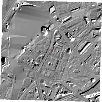 Shaded relief map of the ground around SE17AX, computed from Environment Agency LiDAR. The ground here sits at about 4 m above sea level and falls 12 m across the surrounding 800 m. Surface water reaching this point runs off ground lying to the west-north-west, 1.1 m higher.