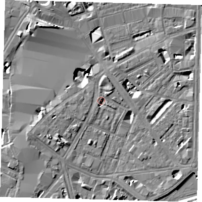 Shaded relief map of the ground around SE17AY, computed from Environment Agency LiDAR. The ground here sits at about 4 m above sea level and falls 12 m across the surrounding 800 m. Surface water reaching this point runs off ground lying to the south-west, 1.1 m higher.
