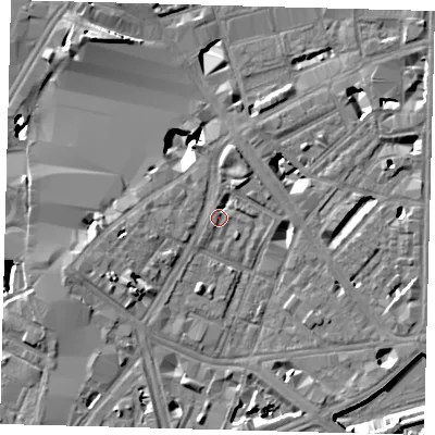 Shaded relief map of the ground around SE17AZ, computed from Environment Agency LiDAR. The ground here sits at about 4 m above sea level and falls 12 m across the surrounding 800 m. Surface water reaching this point runs off ground lying to the west-south-west, 1.1 m higher.