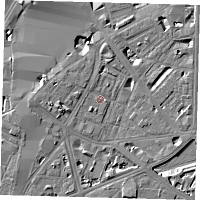 Shaded relief map of the ground around SE17BD, computed from Environment Agency LiDAR. The ground here sits at about 4 m above sea level and falls 9 m across the surrounding 800 m. Surface water reaching this point runs off ground lying to the west, 4.9 m higher.