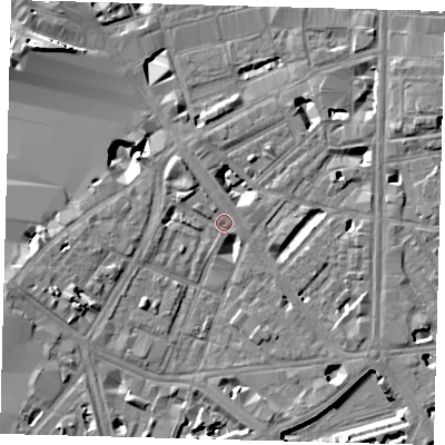 Shaded relief map of the ground around SE17BE, computed from Environment Agency LiDAR. The ground here sits at about 4 m above sea level and falls 12 m across the surrounding 800 m. Surface water reaching this point runs off ground lying to the north-west, 2.2 m higher.